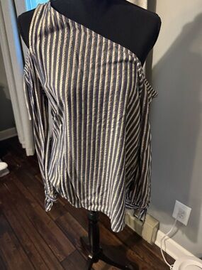Express One-Shoulder Striped Blouse in Navy and Cream